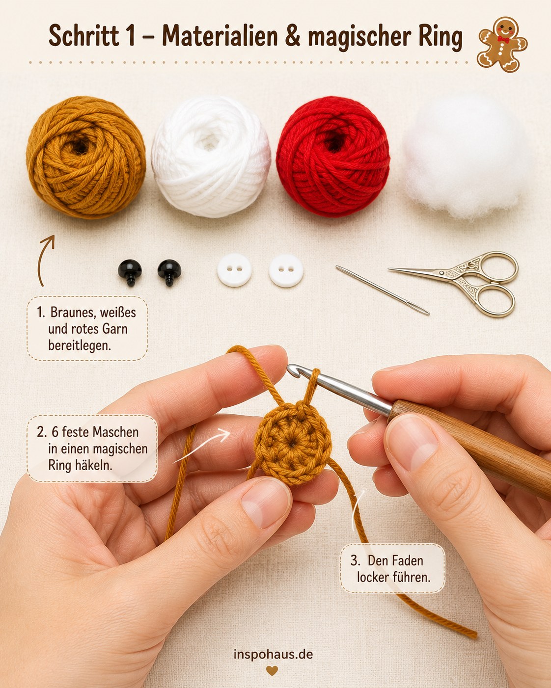 Materialien und magischer Ring beim Lebkuchenmann Amigurumi häkeln mit braunem Garn