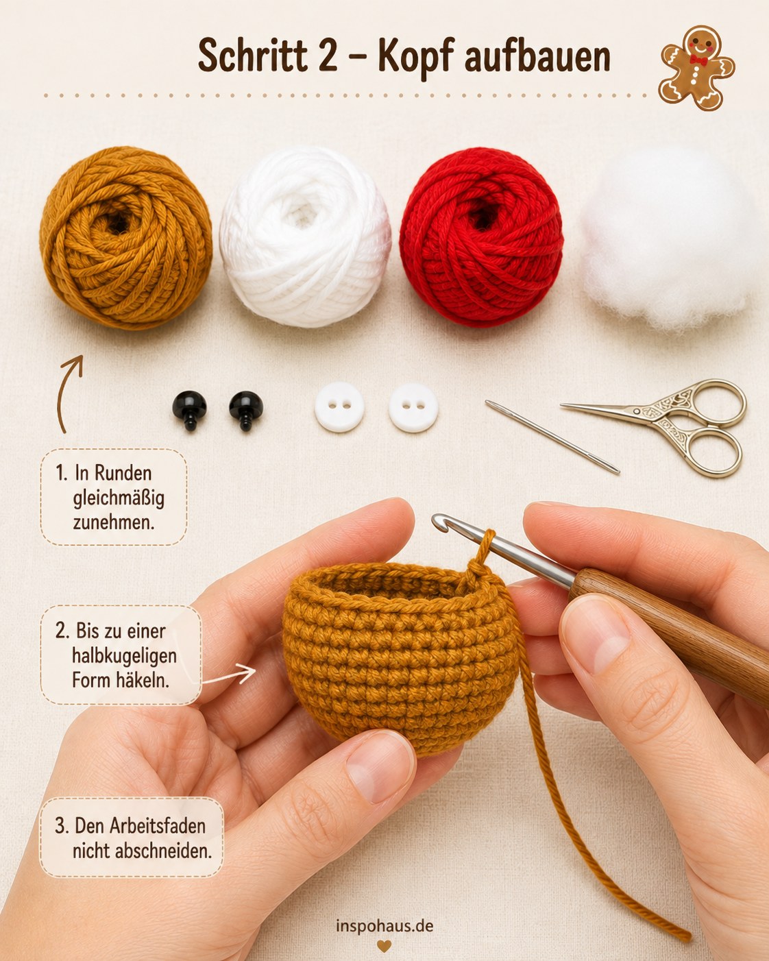 Halbkugelförmiger Kopf entsteht beim Lebkuchenmann Amigurumi häkeln in Runden