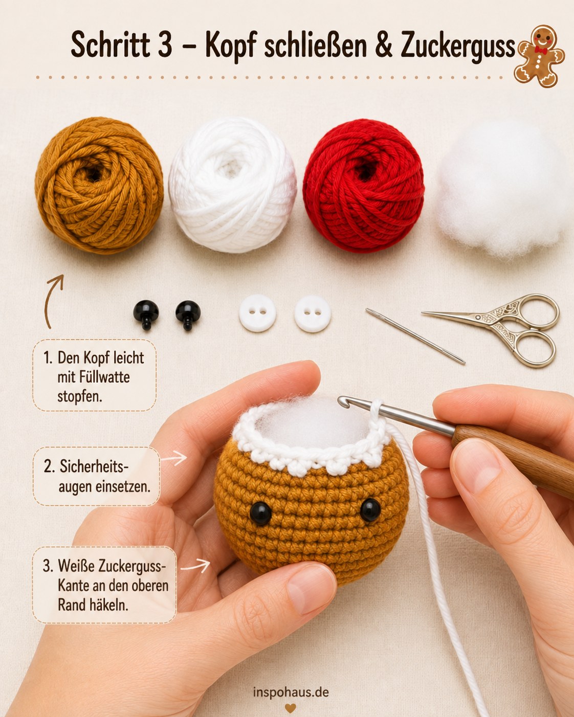 Kopf mit Füllwatte, Sicherheitsaugen und weißer Zuckerguss-Kante beim Amigurumi