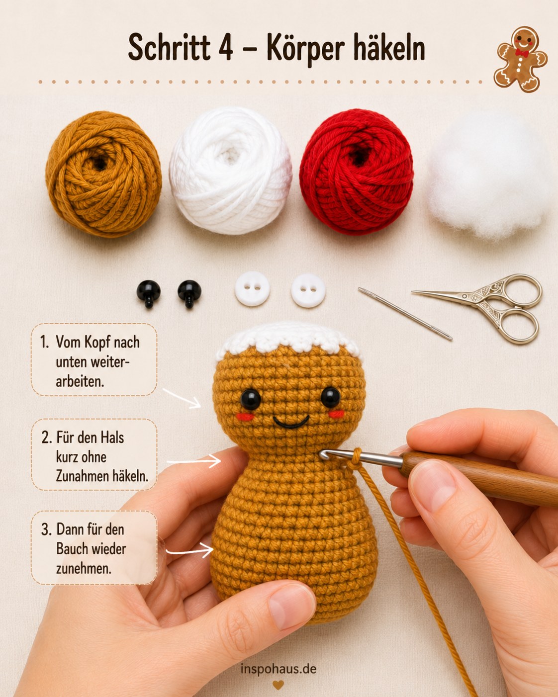 Körper des Lebkuchenmann Amigurumi wird vom Kopf abwärts weitergehäkelt
