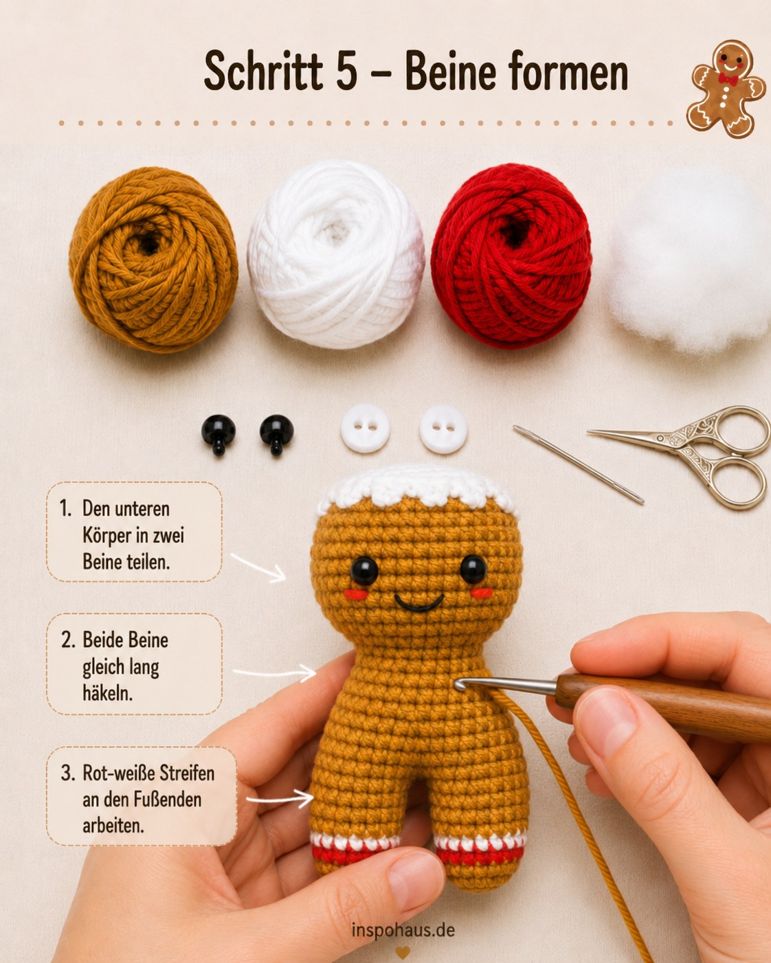 Beine des Lebkuchenmann Amigurumi mit rot-weißen Streifen an den Fußenden