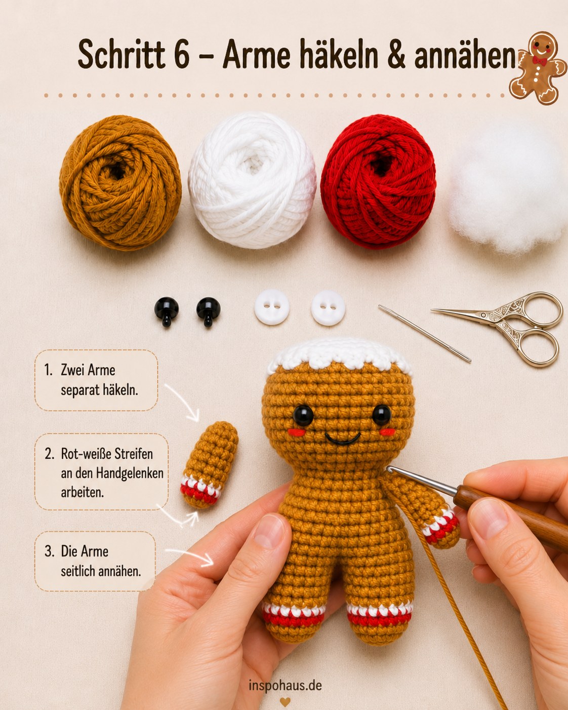 Separat gehäkelte Arme werden seitlich an den Lebkuchenmann Amigurumi genäht