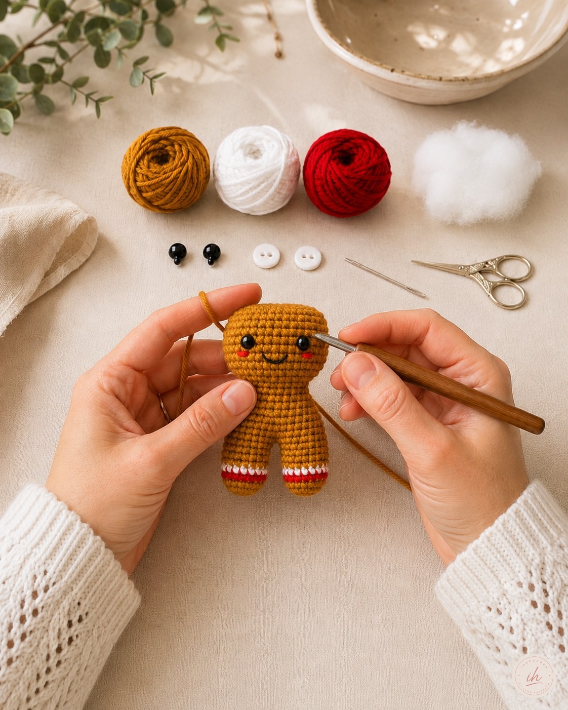 Beide Beine des Lebkuchenmann Amigurumi werden im Wechsel weitergehäkelt