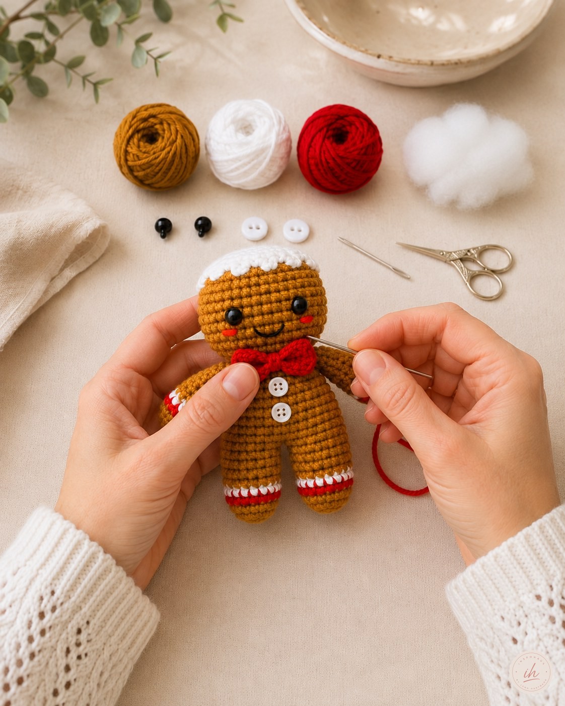 Rote Schleife wird von Hand an den Lebkuchenmann Amigurumi angenäht