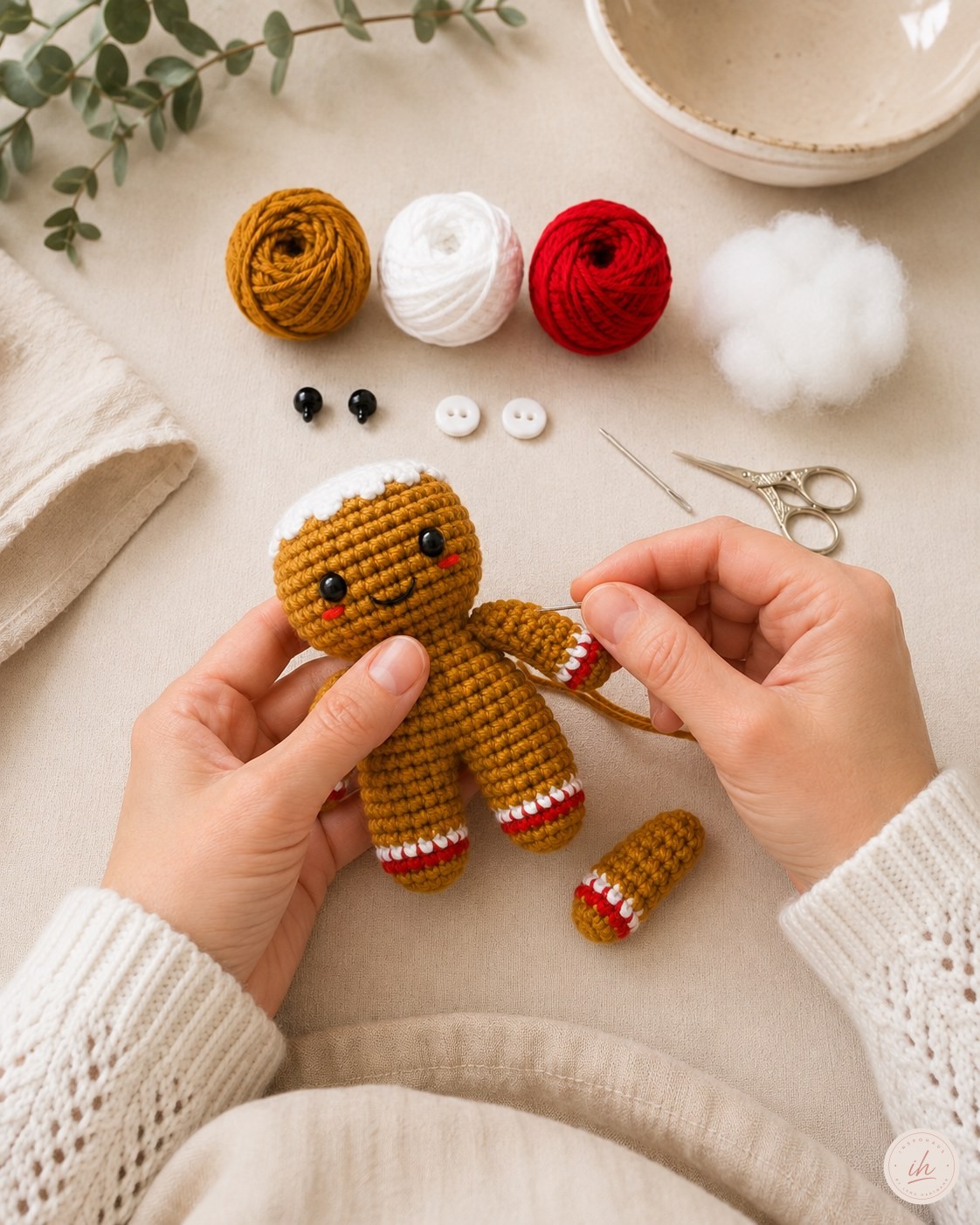Ein separat gehäkelter Arm liegt neben dem Körper des Lebkuchenmann Amigurumi