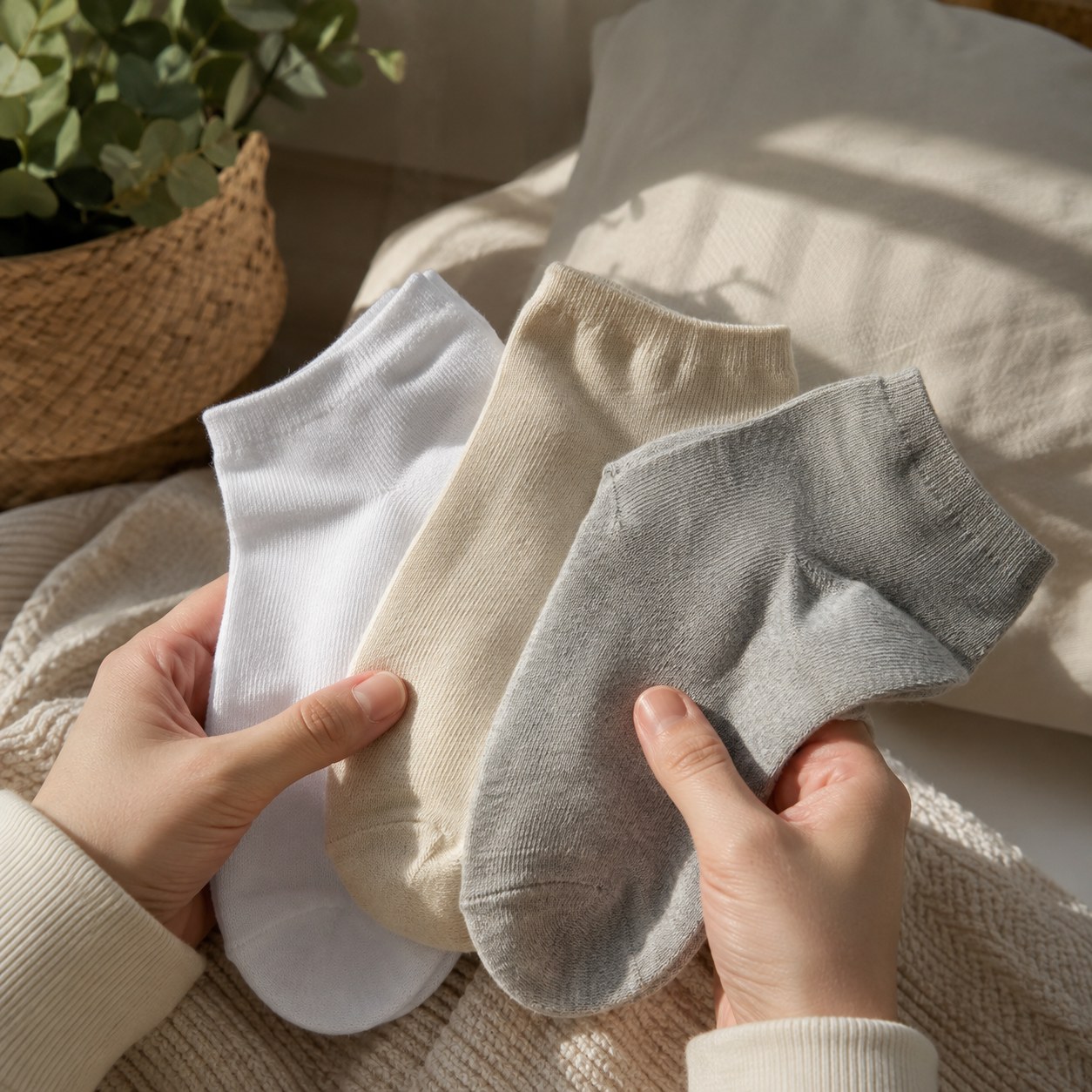 Hände vergleichen verschiedene einfarbige Baumwollsocken