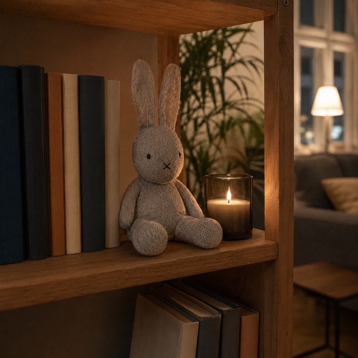 Sockenhase steht zwischen Büchern auf einem Holzregal