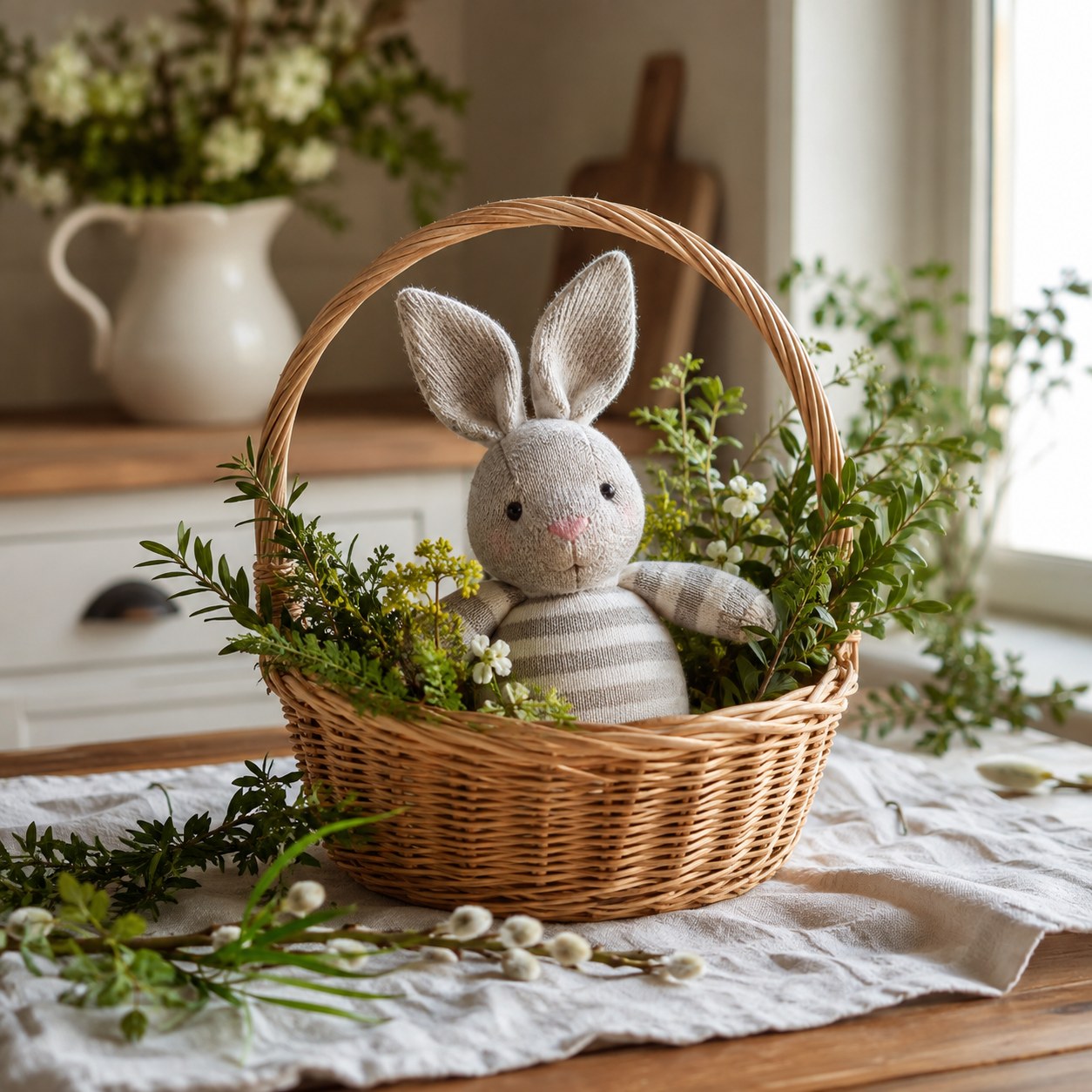 Sockenhase liegt in einem Osterkorb mit Grün