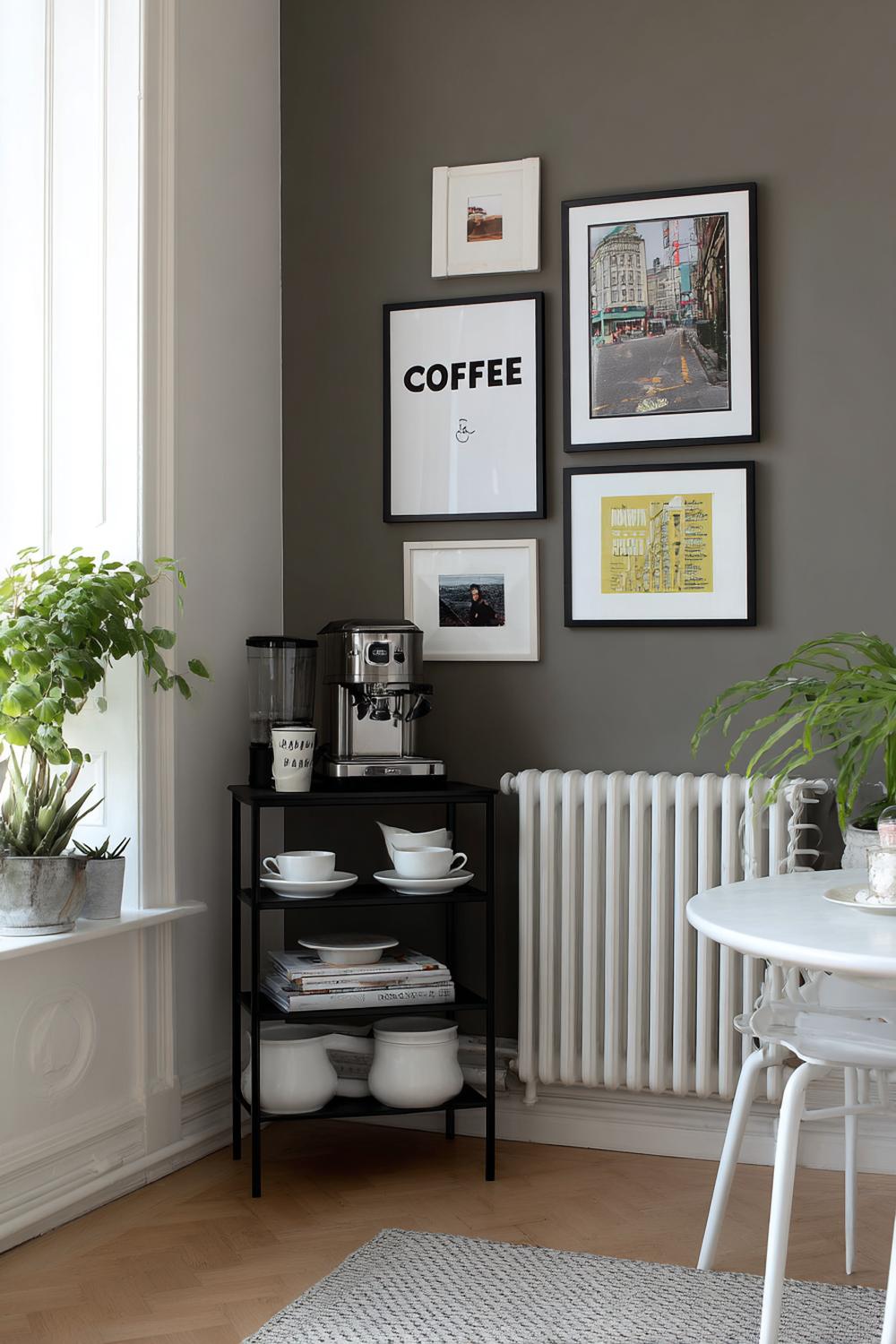 10. Mini Kaffee-Ecke Ideen als „Coffee Bar“ in der Ecke mit Rahmen-Galerie und Pflanzenhöhe