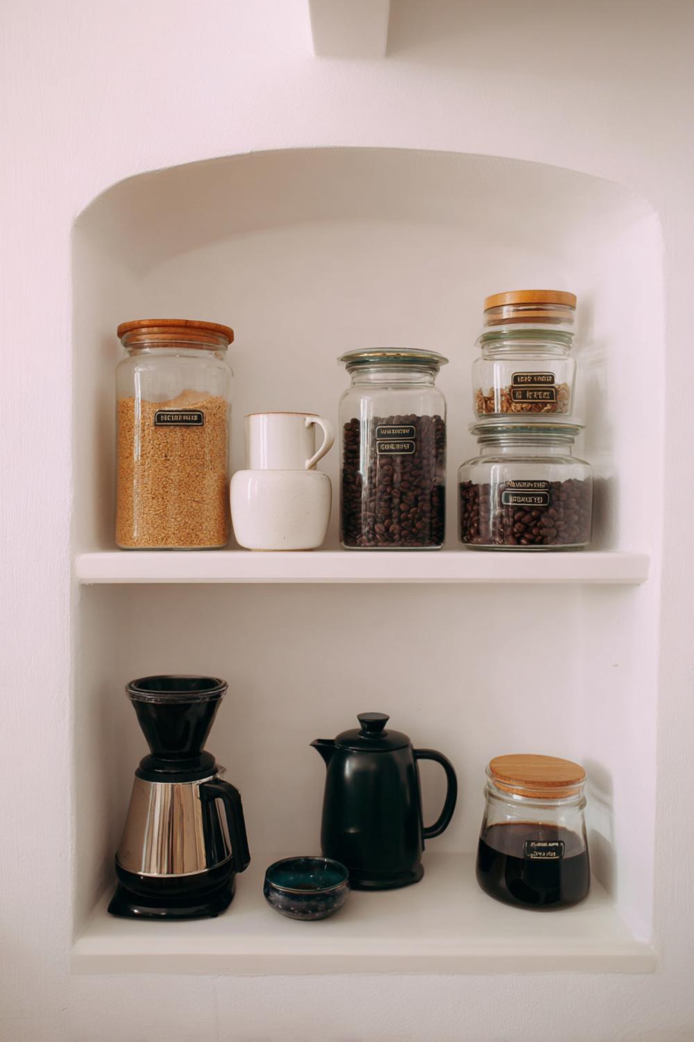 2. Mini Kaffee-Ecke Ideen im Küchennischen-Regal mit Glasdosen und Etiketten