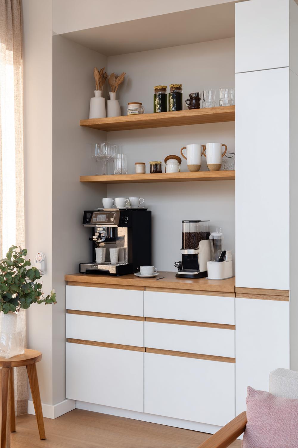 7. Mini Kaffee-Ecke Ideen im skandinavischen Stil mit weißen Fronten und Eichenakzenten