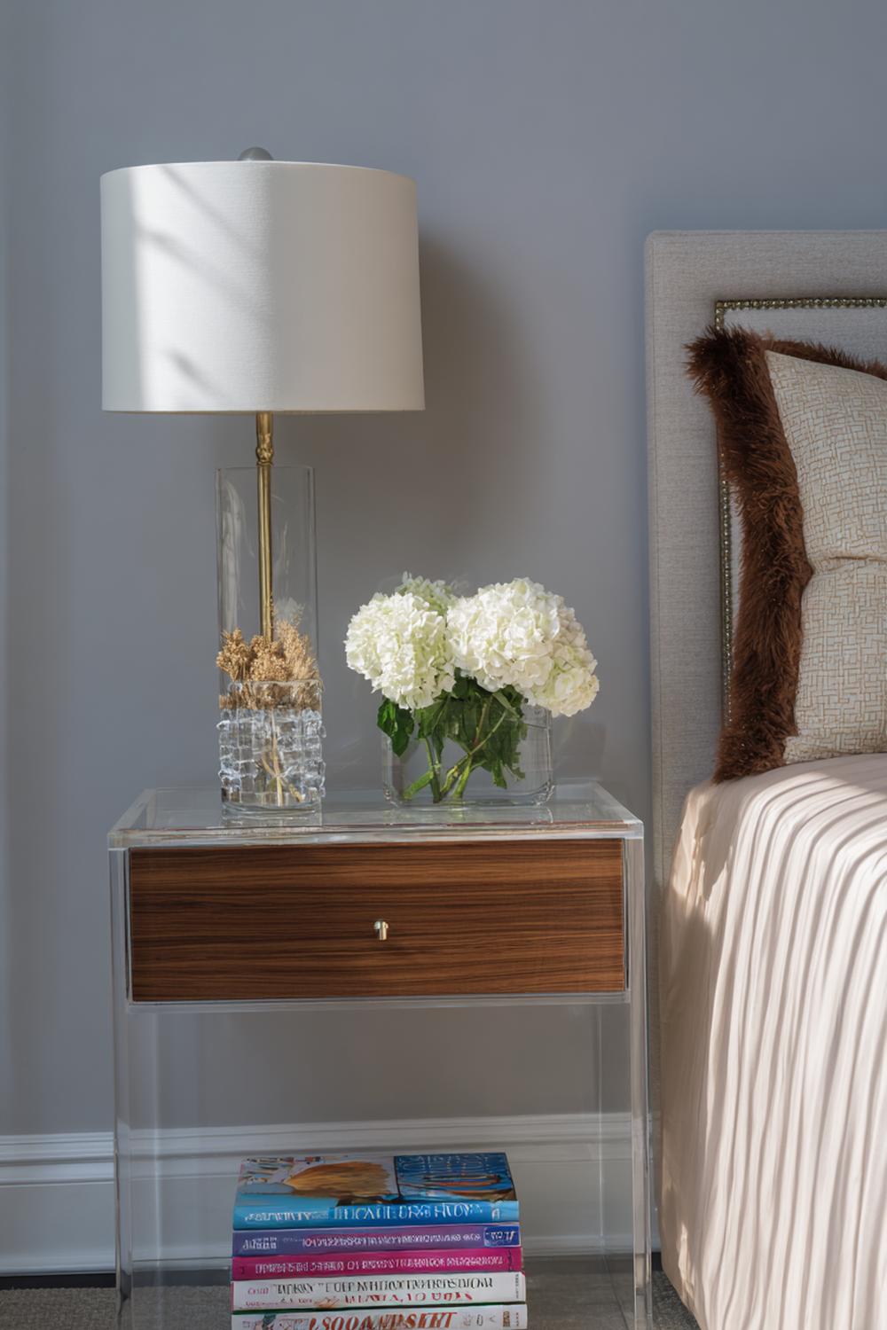 16. Nachttisch-Dekoration mit Buchstützen, Zeitschriften und klarer Kante