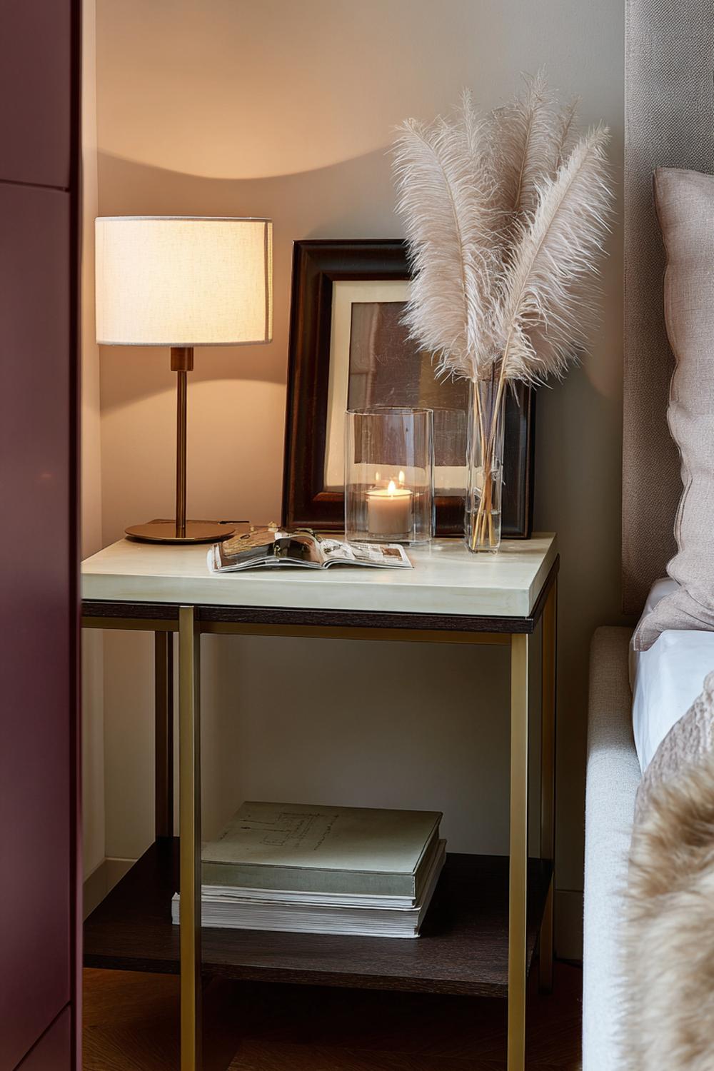 21. Nachttisch-Dekoration mit Buchseite im Rahmen und Feder als Detail