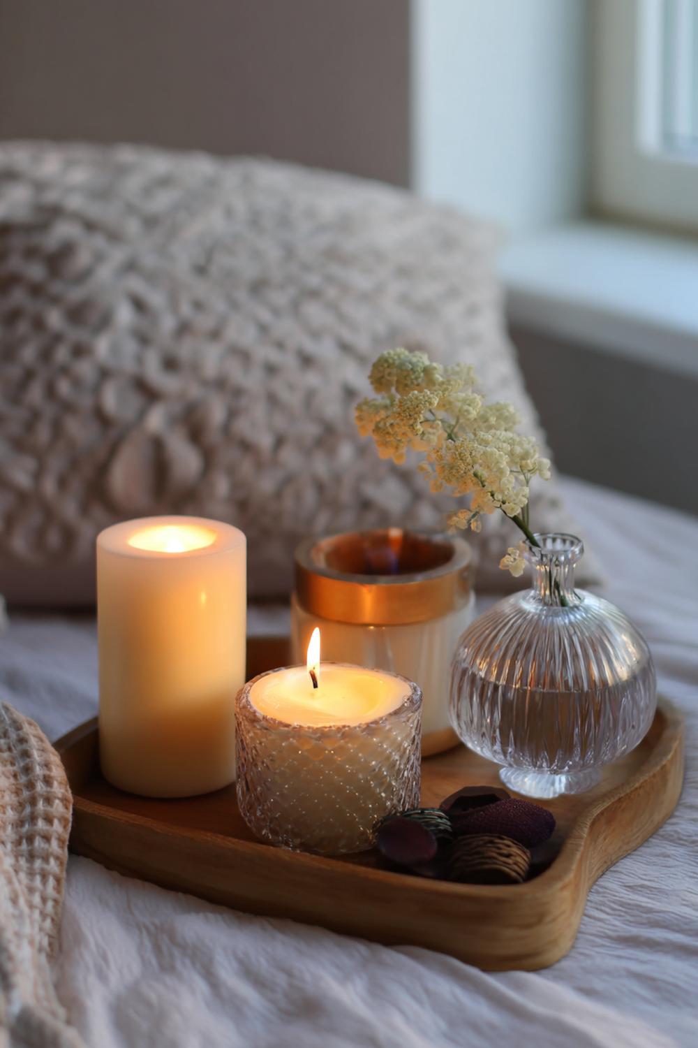 3. Nachttisch-Dekoration mit Holztablett, Duftkerze und Streichholzglas