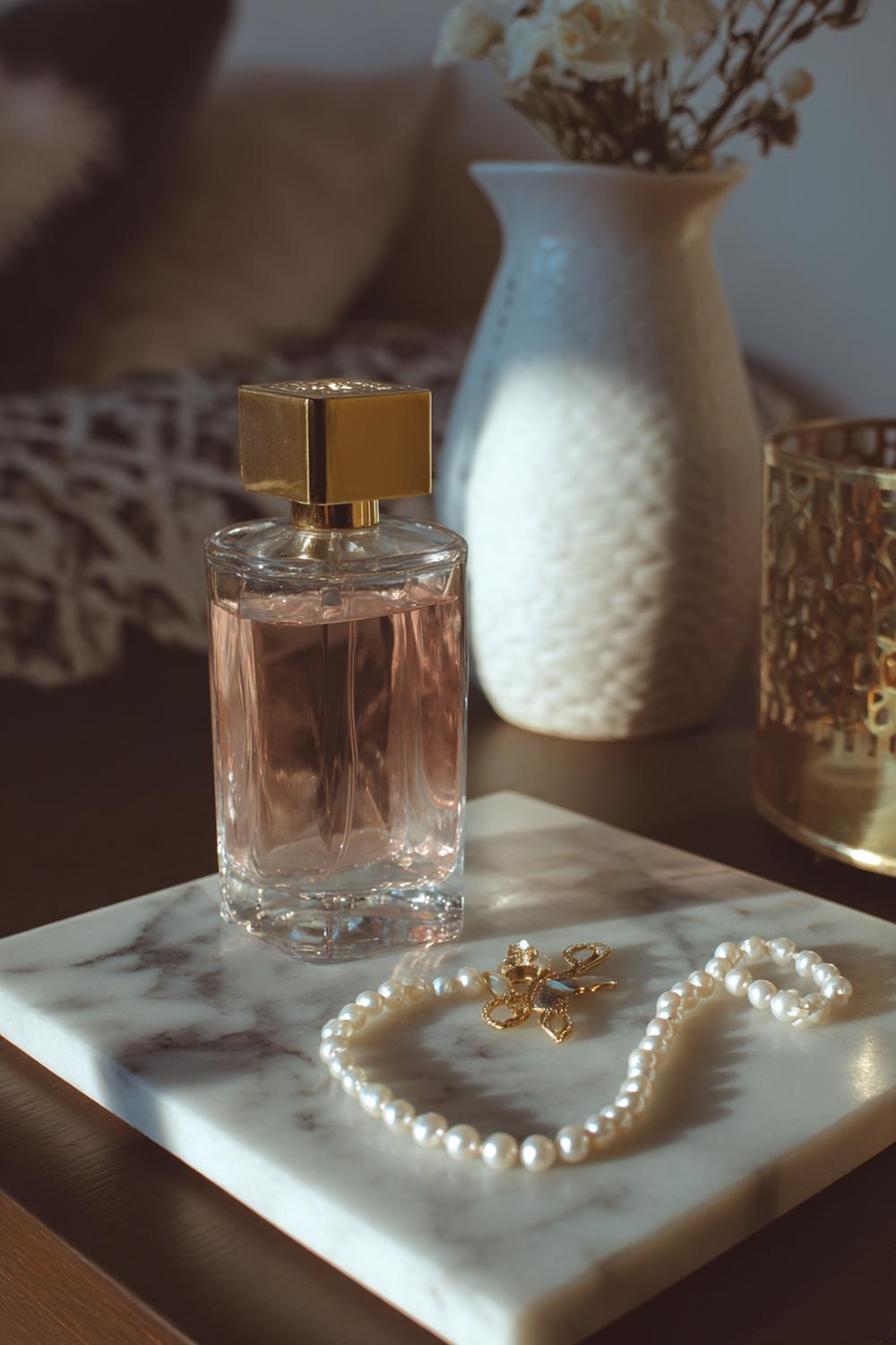 6. Nachttisch-Dekoration mit Marmorplatte, Parfumflakon und Perlenkette