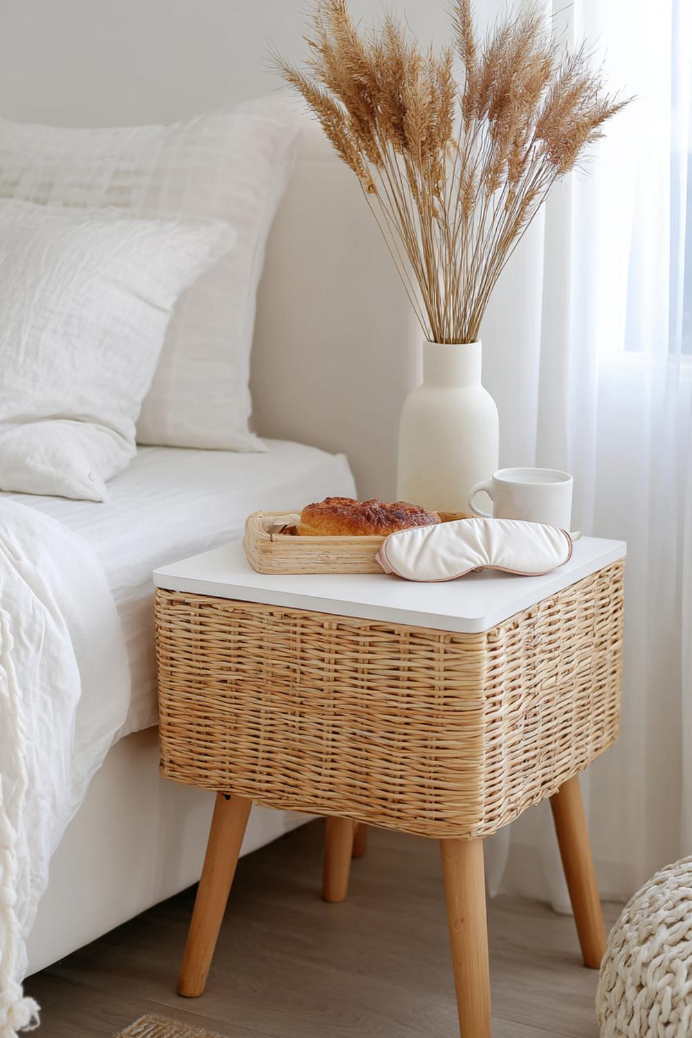 7. Nachttisch-Dekoration mit Rattan-Korb, Schlafmaske und Lavendelsäckchen