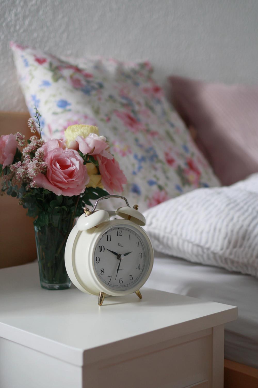 9. Nachttisch-Dekoration mit Vintage-Wecker und geriffelter Glasvase