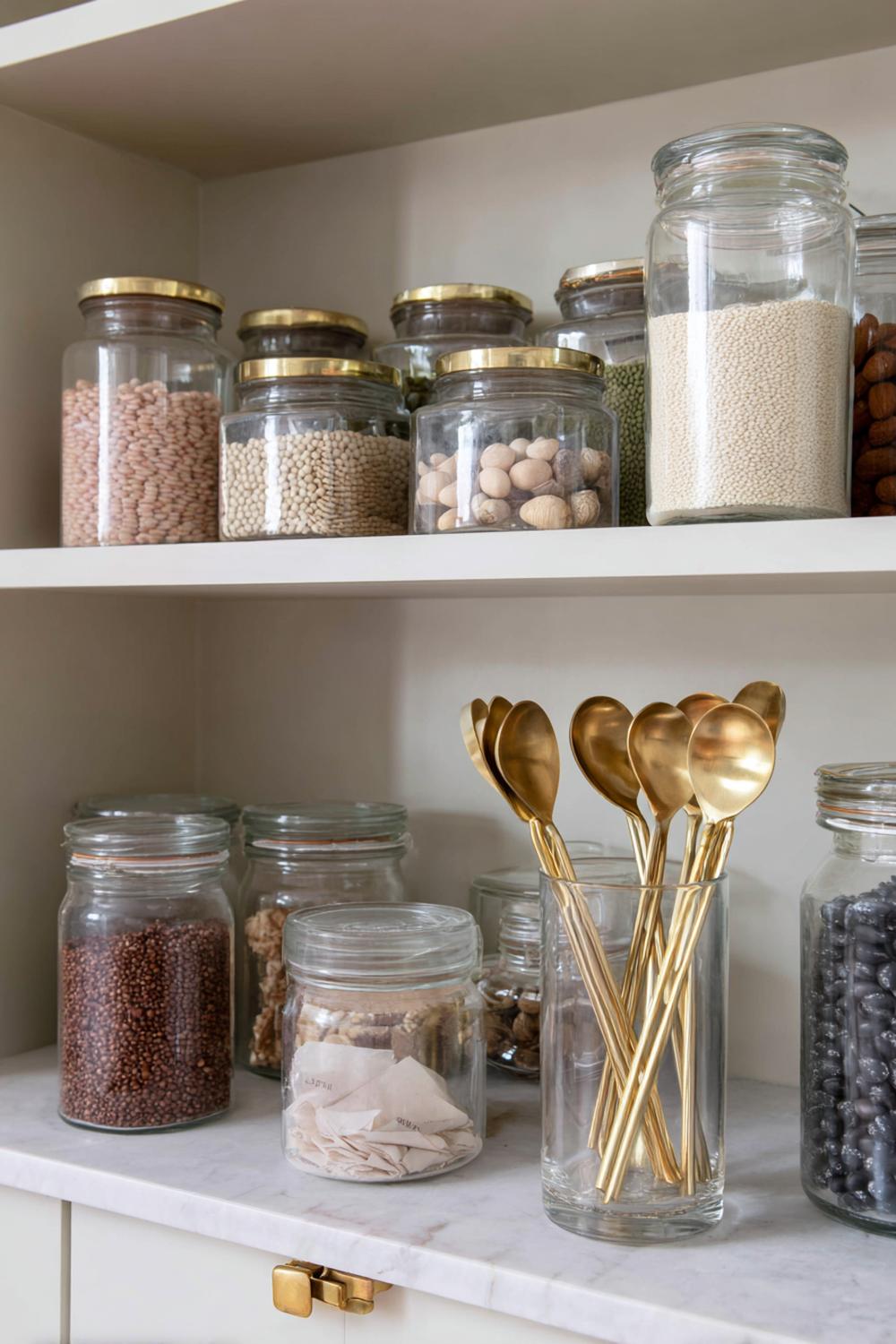 2. Offene Regale mit Glasvorräten in einheitlichen Etiketten und Messinglöffeln