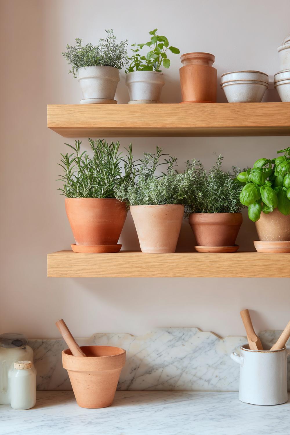 3. Offene Regale mit Kräutertöpfen und Terrakotta auf heller Rückwand