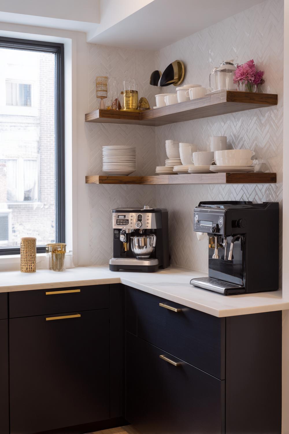 5. Offene Regale mit französischer Bistro-Ecke und Espresso-Setup