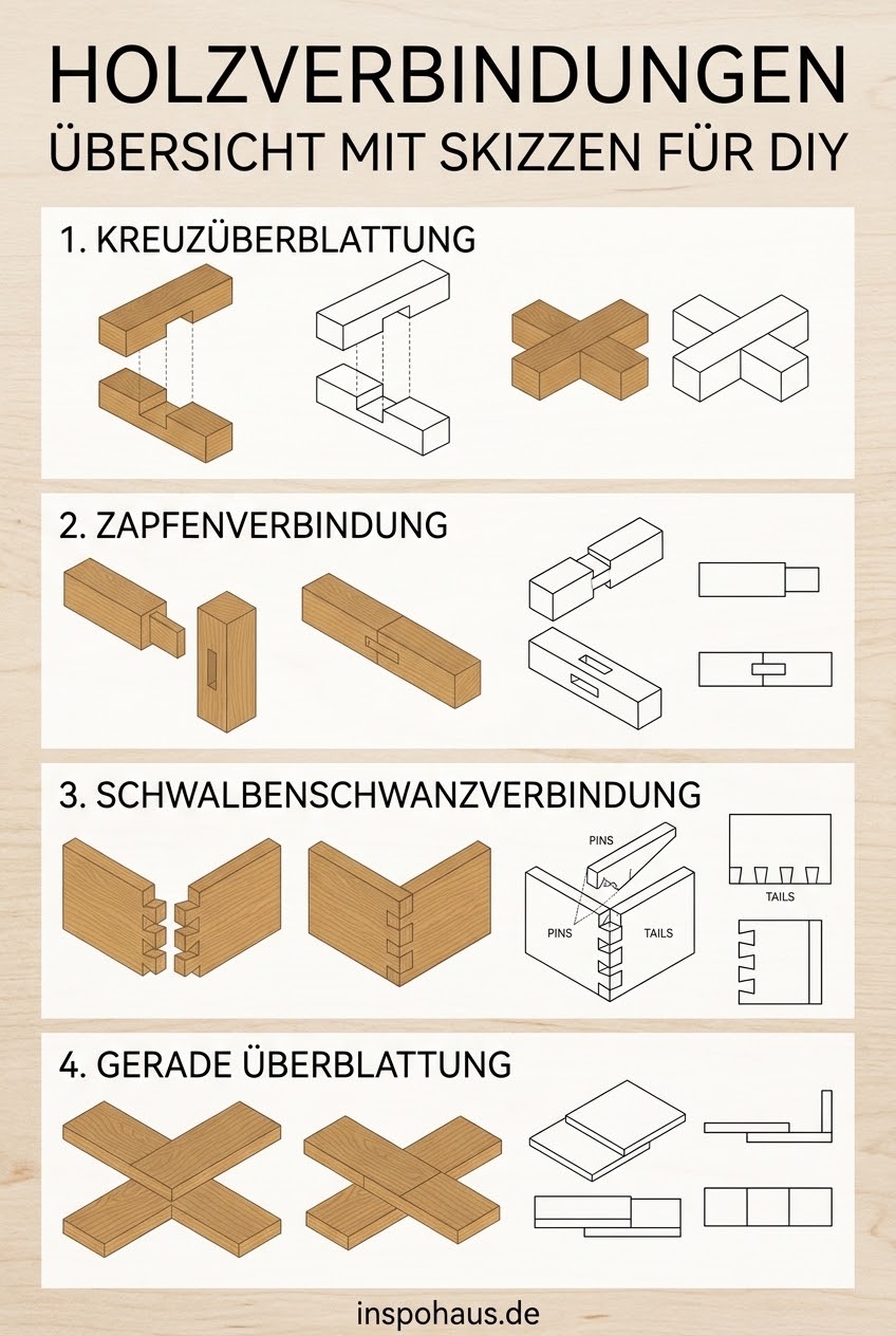 Holzverbindungen Übersicht mit Skizzen für DIY