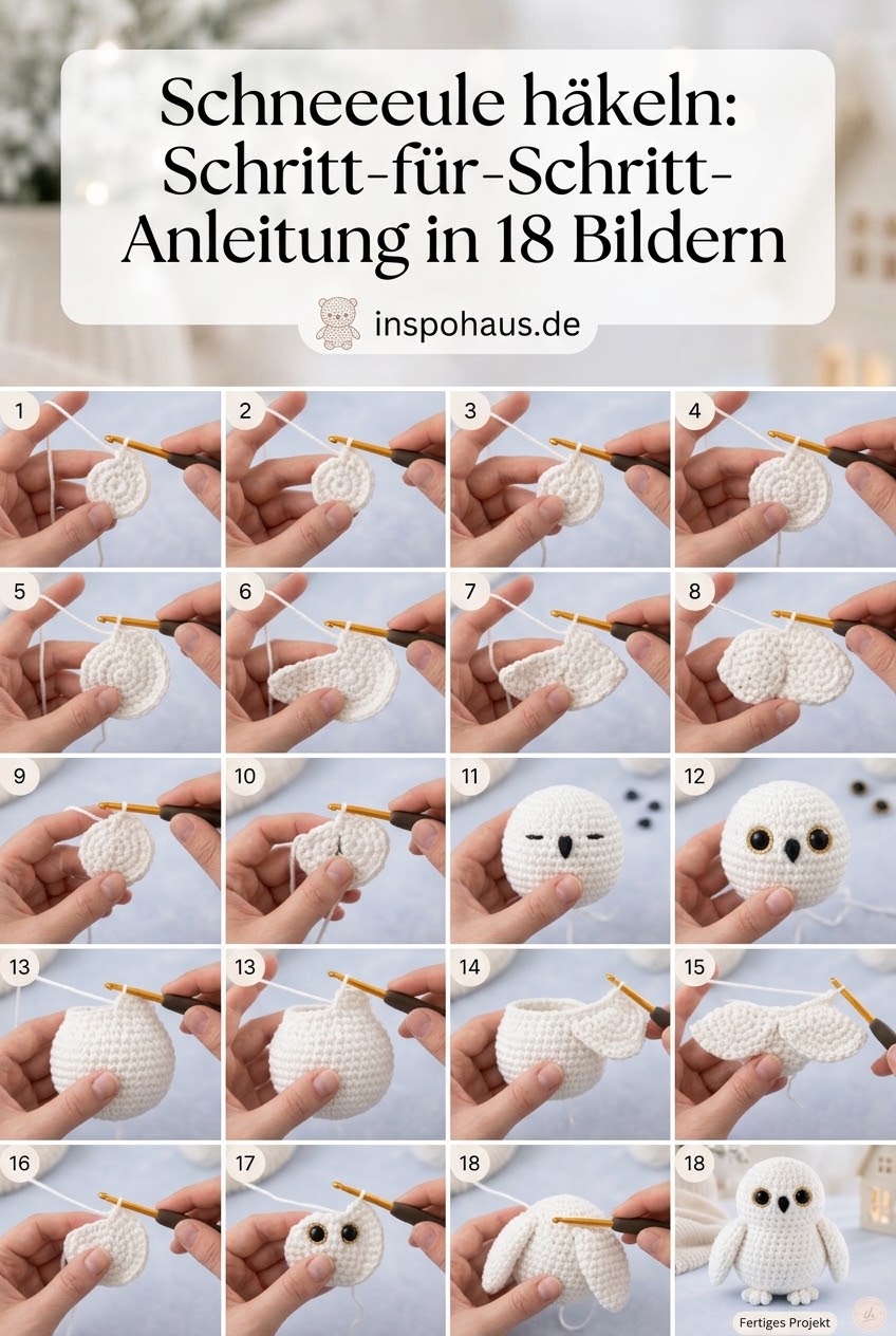 Schneeeule häkeln: Schritt-für-Schritt-Anleitung in 18 Bildern