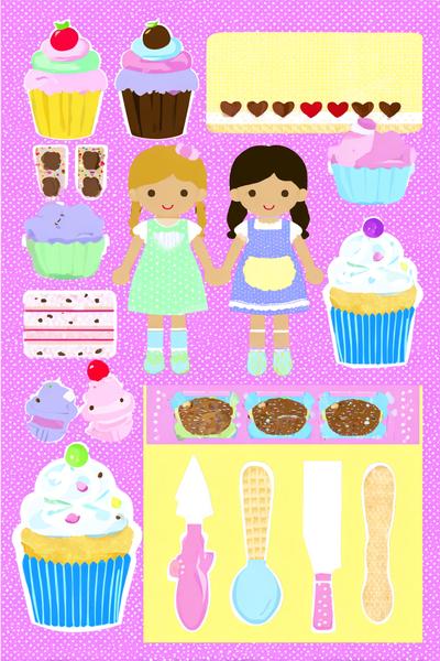 10. Zuckerbäckerei-Szene für Paper Dolls Kawaii mit Cupcake-Farben und Zuckerguss-Konturen