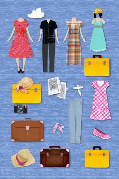 2. Reisekoffer-Szene als Paper Dolls Printable mit Mini-Accessoires und Kartenmotiv