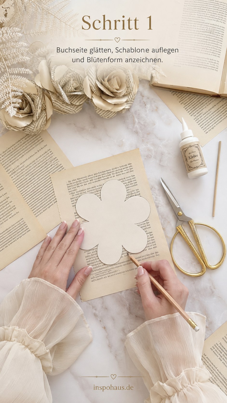 Hände glätten eine Buchseite und legen die Schablone auf, erster Schritt der Papierrosen aus Buchseiten Anleitung