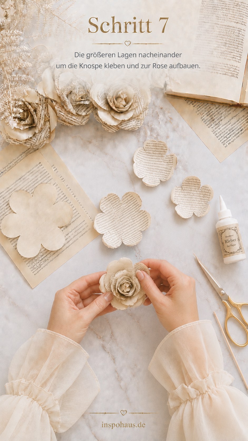 Größere Blütenlagen werden nacheinander um die Knospe geklebt und zur fertigen Rose aufgebaut