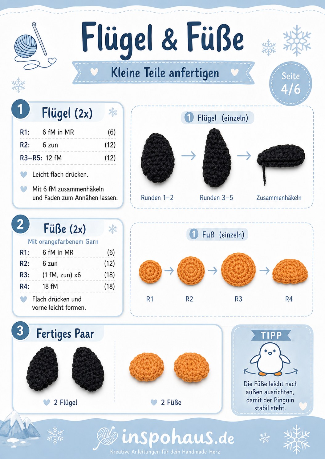 Kleine Teile Flügel und Füße häkeln als Bestandteil der Pinguin Amigurumi Häkelanleitung