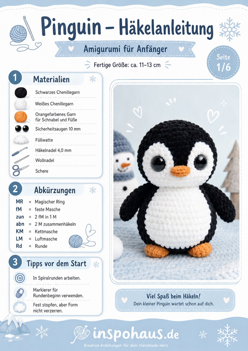 Übersichtskarte einer Pinguin Amigurumi Häkelanleitung mit Materialien und Abkürzungen für Anfänger