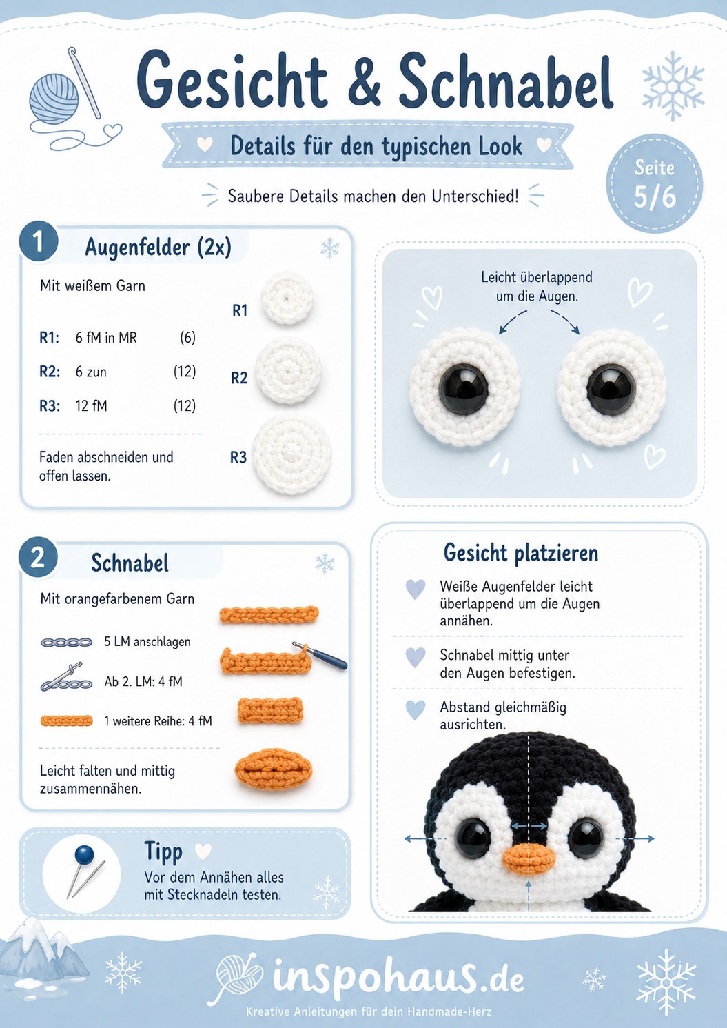 Gesicht und Schnabel häkeln mit Augenfeldern für den typischen Look der Pinguin Amigurumi Figur