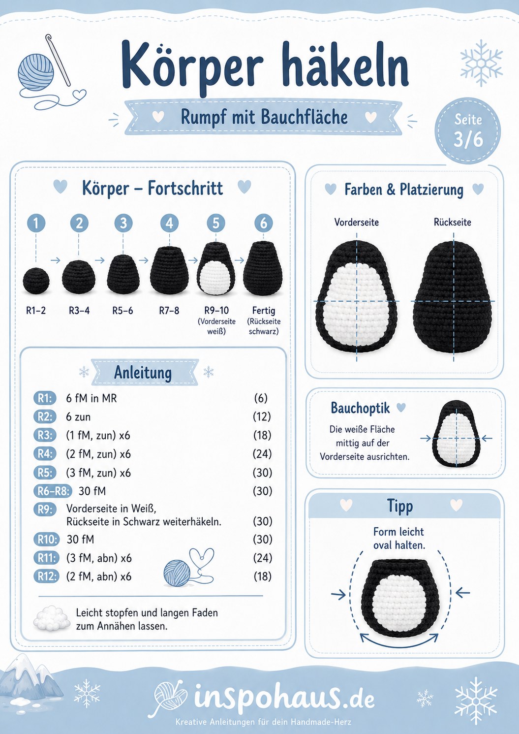 Anleitung zum Körper häkeln mit weißer Bauchfläche für den Pinguin Amigurumi aus der Häkelanleitung