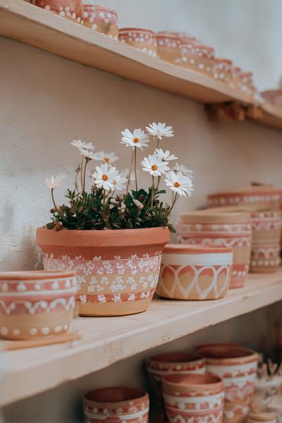 20. Boho-Bögen als Pottery Painting Ideas Easy Flower Pots in Terrakotta und Creme