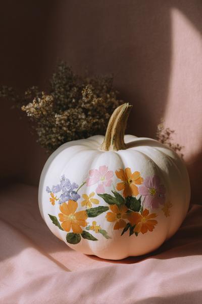 8. Kürbis mit gepressten Blüten-Optik für for pumpkin painting ideas cute aesthetic ideas