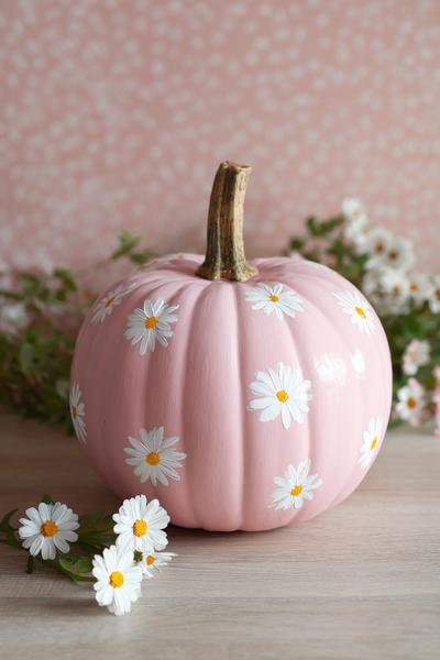 24. Pastellrosa Kürbis mit weißen Gänseblümchen für for pumpkin painting ideas easy pink ideas