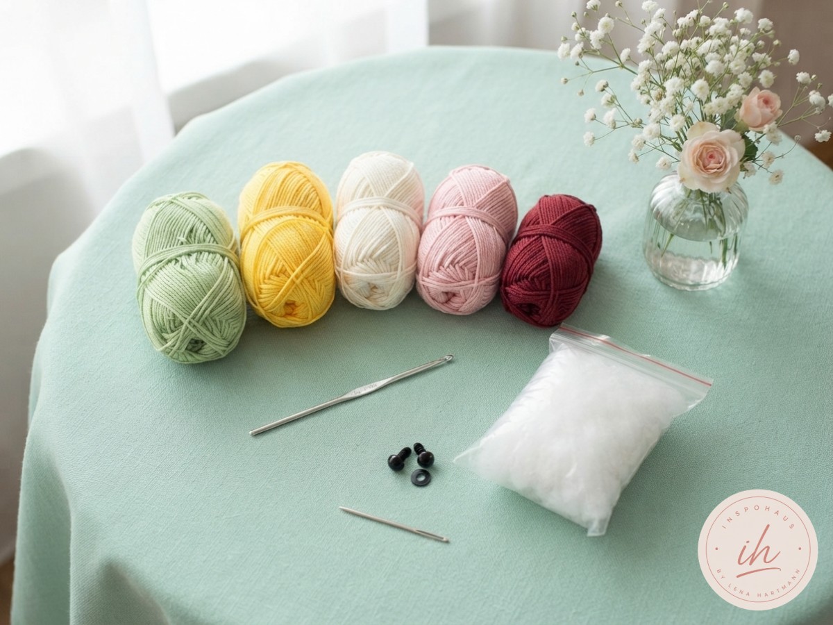Materialien zum Raupe Amigurumi häkeln liegen bereit: Baumwollgarn, Häkelnadel, Füllwatte und Sicherheitsaugen