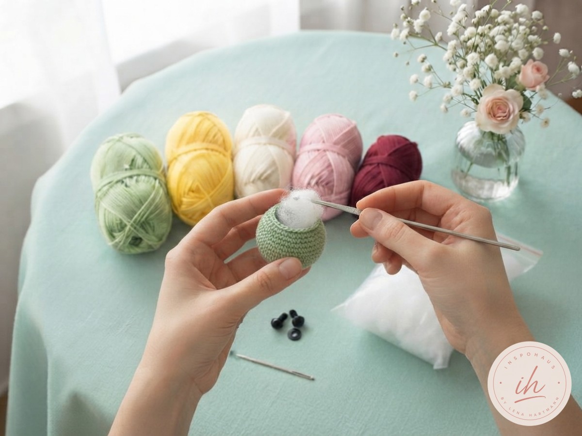 Weiße Füllwatte wird durch die Öffnung der gehäkelten Kopfkugel der Amigurumi-Raupe gestopft