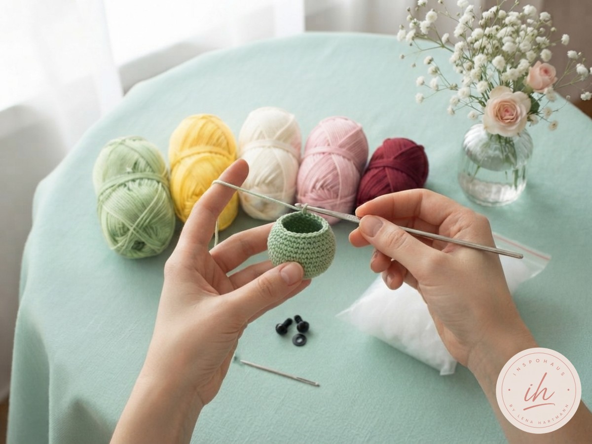 Hände häkeln die erste grüne Kugel für den Kopf der Amigurumi-Raupe in festen Maschen