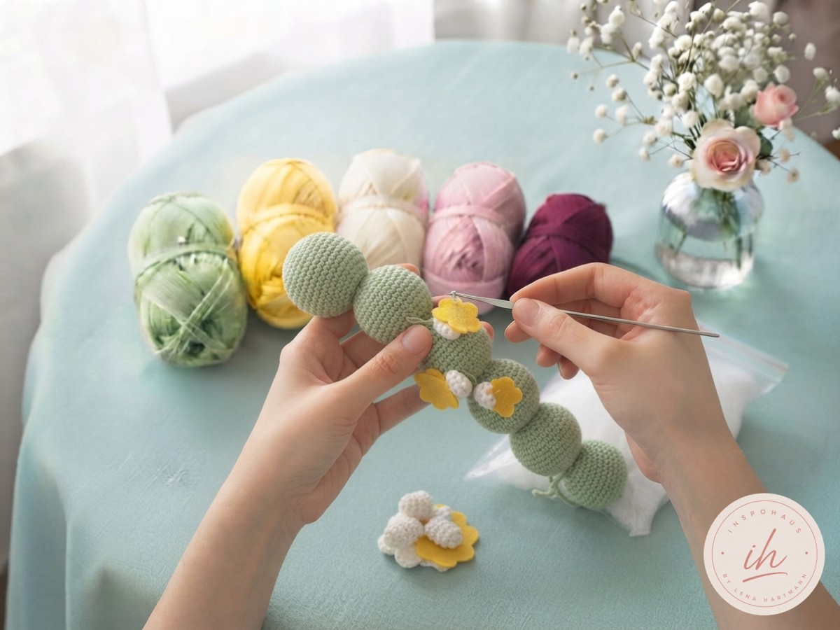 Weiße Füßchen und gelbe Blütenpatches werden an die Unterseite der Amigurumi-Raupe genäht