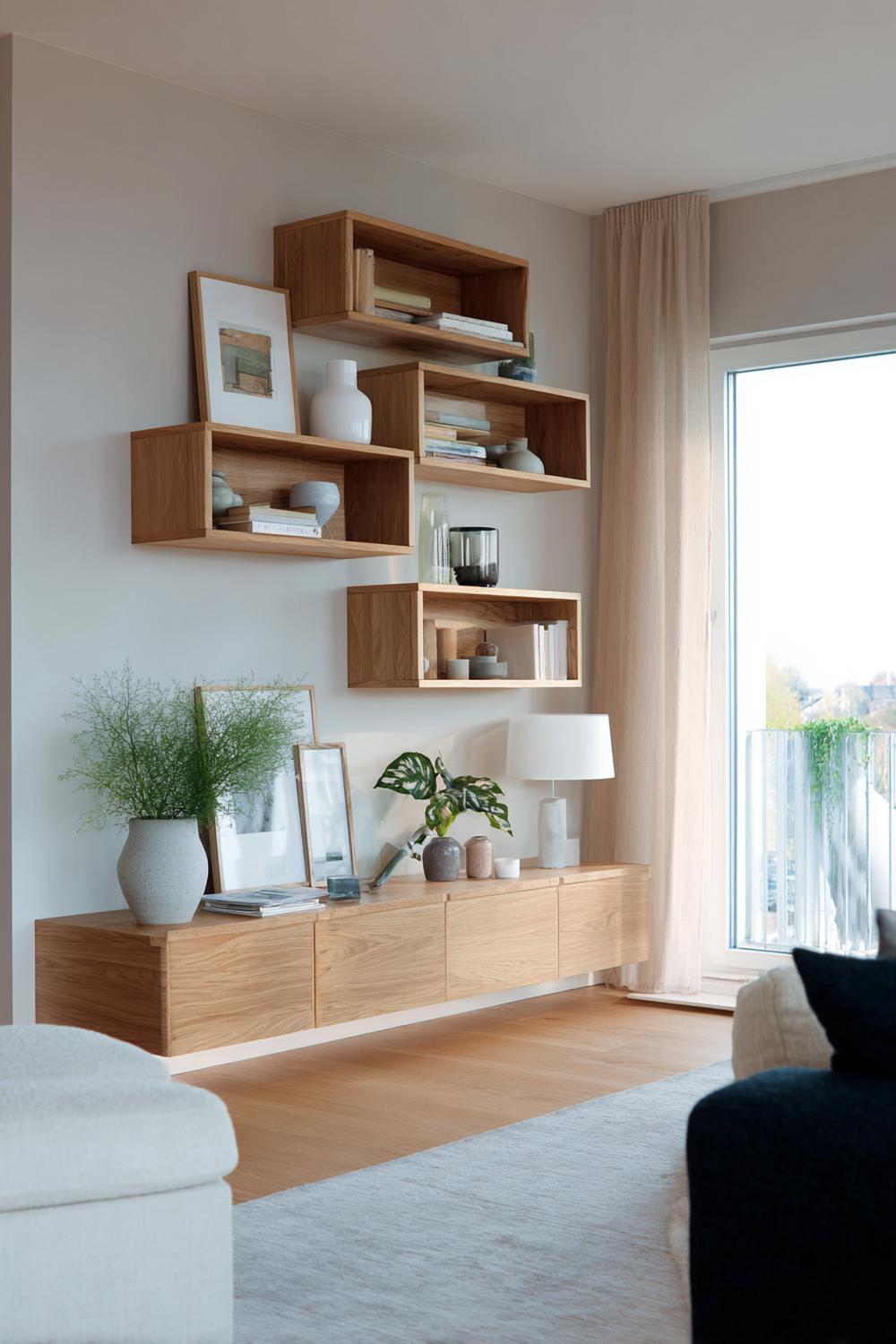 3. Regaldeko Wohnzimmer Inspiration mit Wandregalen aus Eiche und schwebender Bildleiste