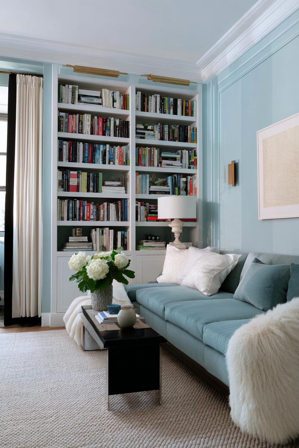 4. Regaldeko Wohnzimmer Inspiration mit Bücherregal nach Farben und ruhiger Ton-in-Ton-Palette