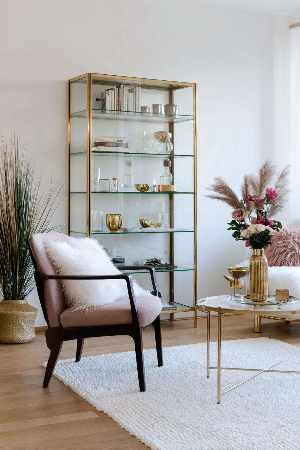 6. Regaldeko Wohnzimmer Inspiration mit Vitrinenregal aus Glas und warmen Messing-Akzenten