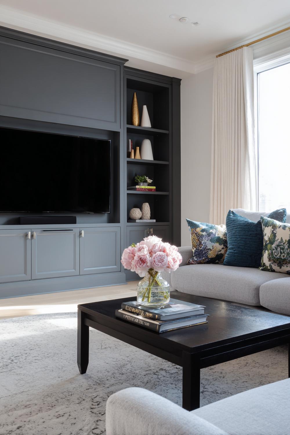 7. Regaldeko Wohnzimmer Inspiration für TV-Regalwand mit verstecktem Kabelmanagement und Deko-Nischen