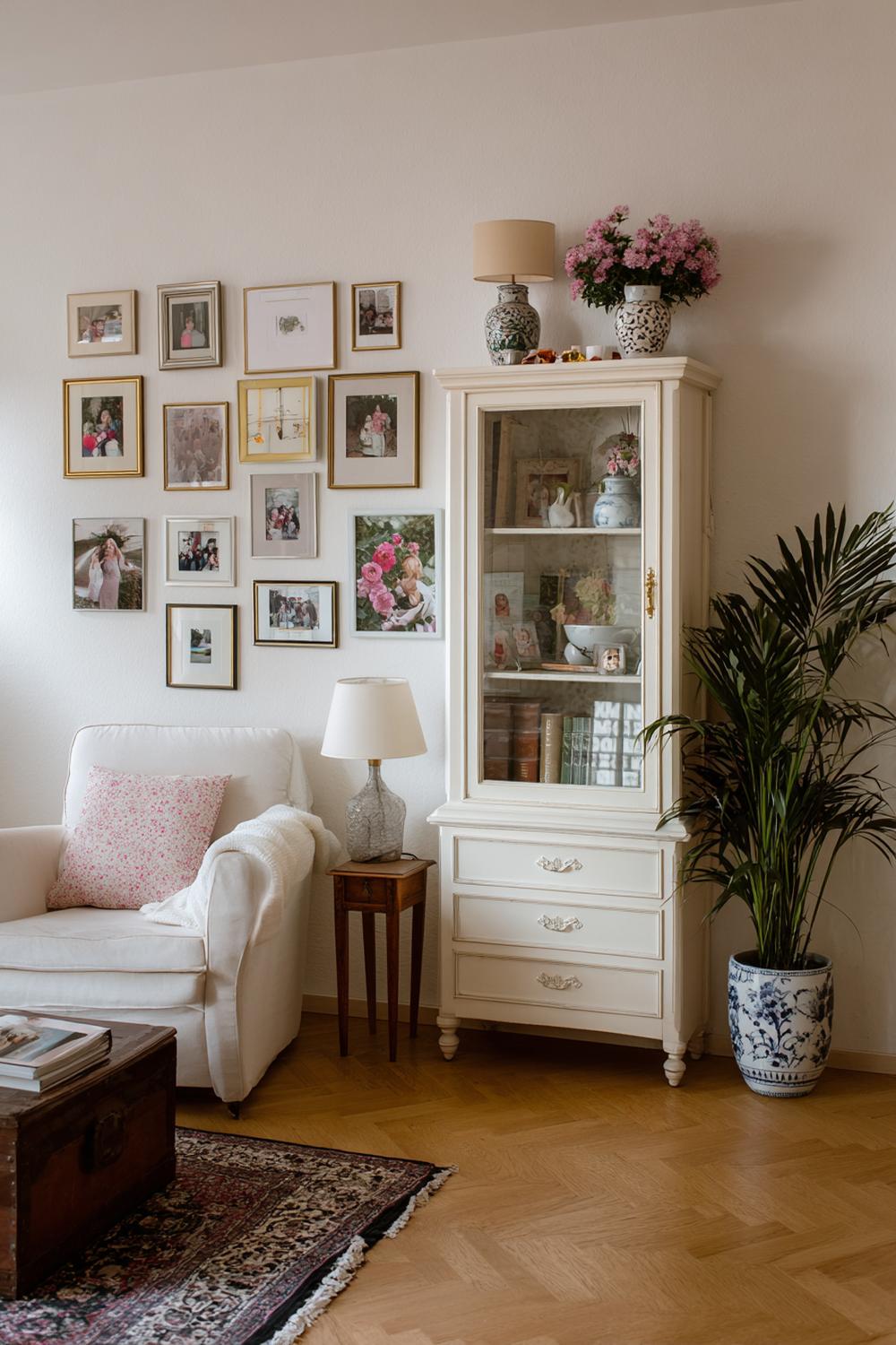 8. Regaldeko Wohnzimmer Inspiration mit Vintage-Regal, Keramikmix und gerahmten Familienfotos