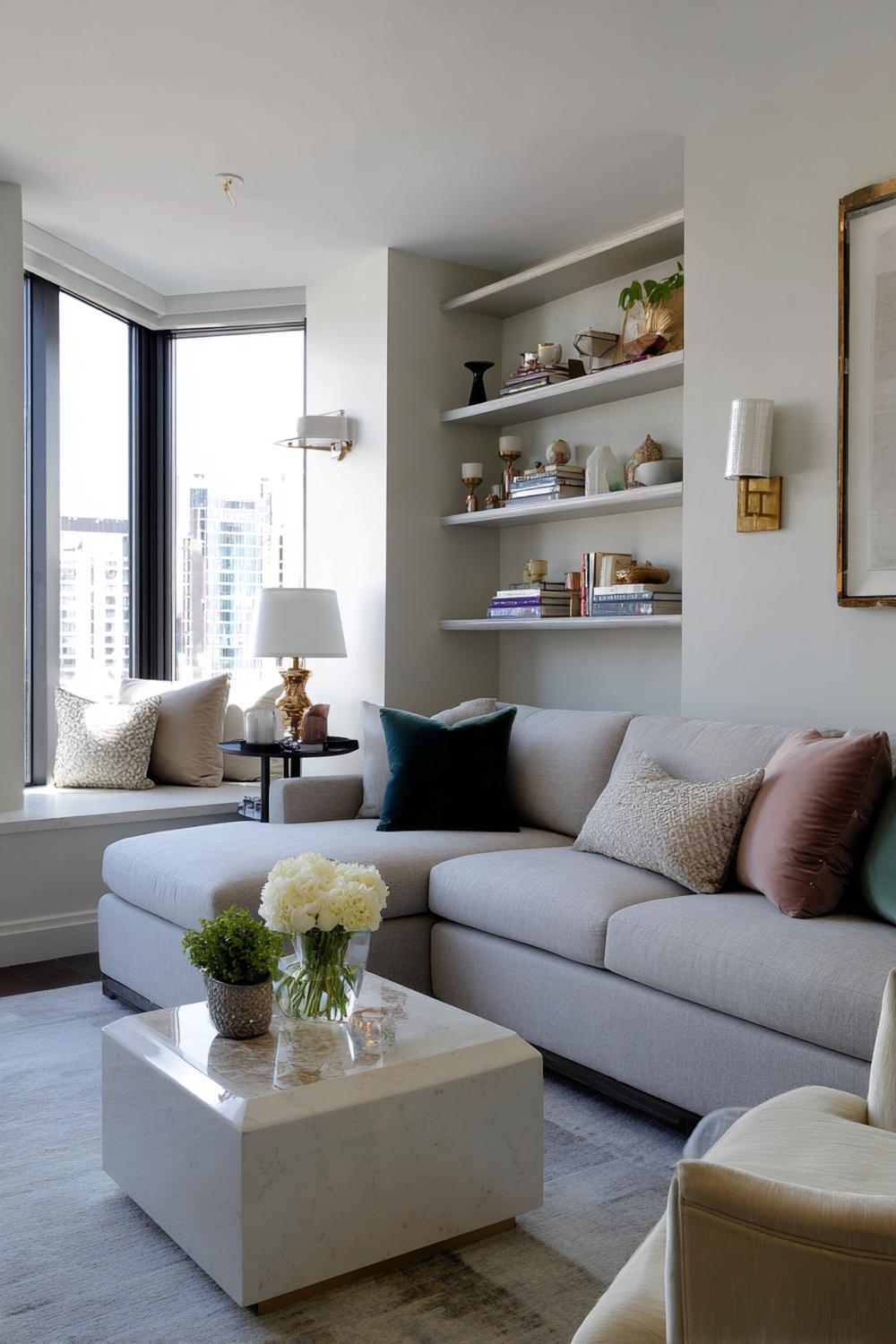 9. Regaldeko Wohnzimmer Inspiration für kleine Räume mit Eckregal und spiegelndem Lichttrick