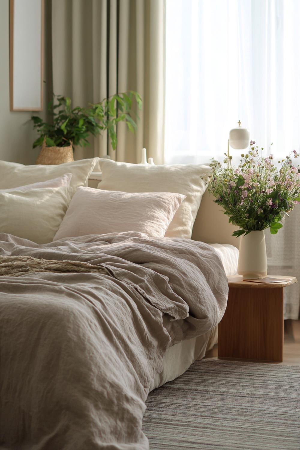 1. Schlafzimmer Deko Ideen Cozy im Greige-Farbkonzept mit Leinenbettwäsche