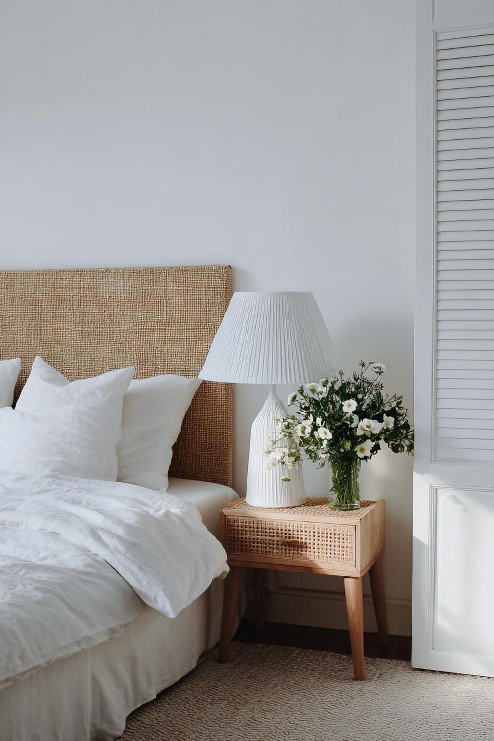 10. Schlafzimmer Deko Ideen Cozy mit Nachttisch aus Rattan und Leinenlampe