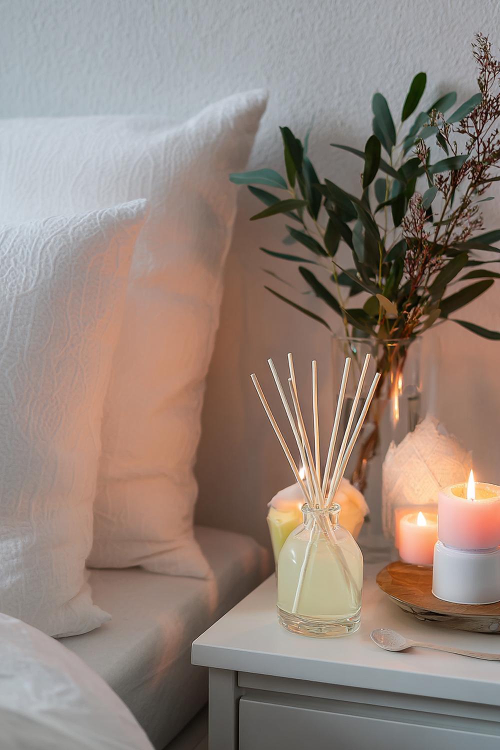 12. Schlafzimmer Deko Ideen Cozy mit Duft-Ecke aus Diffuser und getrocknetem Eukalyptus